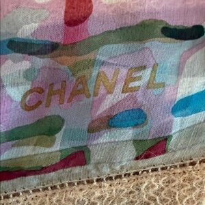 CHANEL Pastel Multicolor Scarf with Tan Mohair Border, like new authentic silk